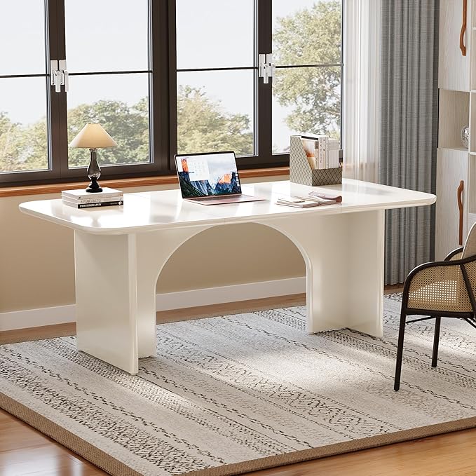 Tribesigns Modern White Desk Large Minimalist Executive Office Computer Desk Writing Study Makeup Vanity Table Workstation with Arch Design Legs 63 x 31.5 inch