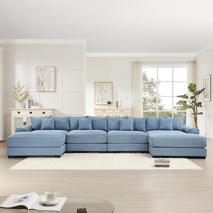 Cloud Couch Modular Sectional Sofa 167.6 Oversized 4 Seater U Shaped Couch Deep Seat Sectional Couches for Living Room Comfy Corduroy Upholstery Sofa Extra-Wide Armrests with OttomanBlue