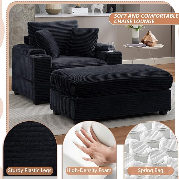 50 Oversized Chaise Lounge Chair Indoor with Ottoman and Storage Deep Seat Upholstered reading Chair Comfy Corduroy Sleeper Chair with Cup Holder Reclining Chair for Living Room Bedroom Black