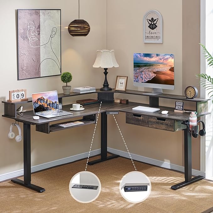 RedLemon 60 Inches L Shaped Electric Standing DeskHeight Adjustable Corner Gaming Desk with Drawers Keyboard Tray Power Outlets &amp LED Lights Computer Desk with Monitor Shelf Dark Rustic Oak