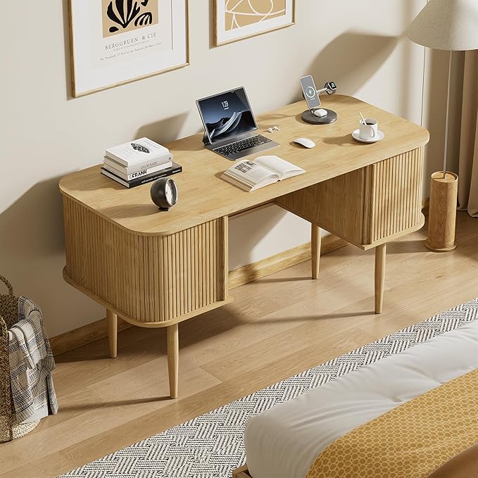 55 Modern Writing Desk with Sliding Doors Wood Home Office Desk with Storage Computer Desk for Study Living Room Dorm Natural