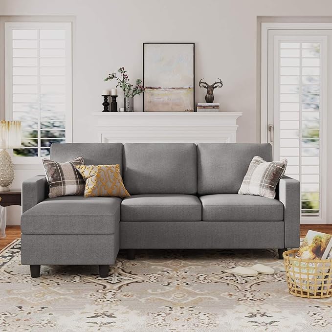 L Shaped CouchReversible Sofa with Linen FabricConvertible Sectional Sofa for Small Space Linen Grey