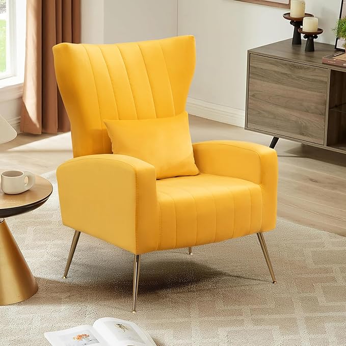 X-VOLSPORT Velvet Accent Chairs Set of 2 Mid Century Modern High Back Living Room Chair with Waist Pillow Upholstered Arm Chair with Metal Gold Legs for Bedroom Club Yellow