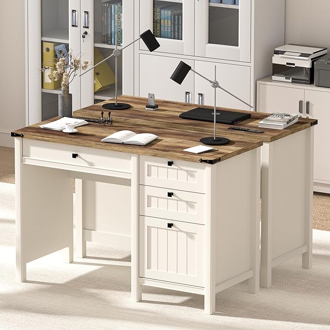 Executive Desk Farmhouse Computer Desk with Drawers &amp Cabinet Home Office Desk for Work Study Writing Workspace (Antique White 45)