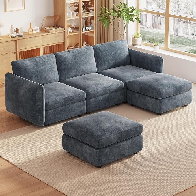 Guyii U Shaped Modern Sofa with 2 Storage Ottomans Blue Modular Sectional Sofa Couch 5 Seater Deep Seat Convertible Sofa for Living Room Bedroom Apartment Office