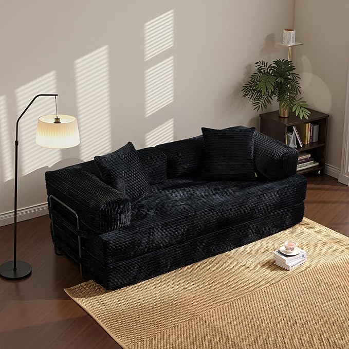 4-in-1 Convertible Sleeper Sofa Bed80 Inch Corduroy Loveseat Sleeper with Pull Out BedBoneless Couch with Fixed-Shape FrameFloor Sofa Modular Couch for Living Room Bedroom Lounge (Black)