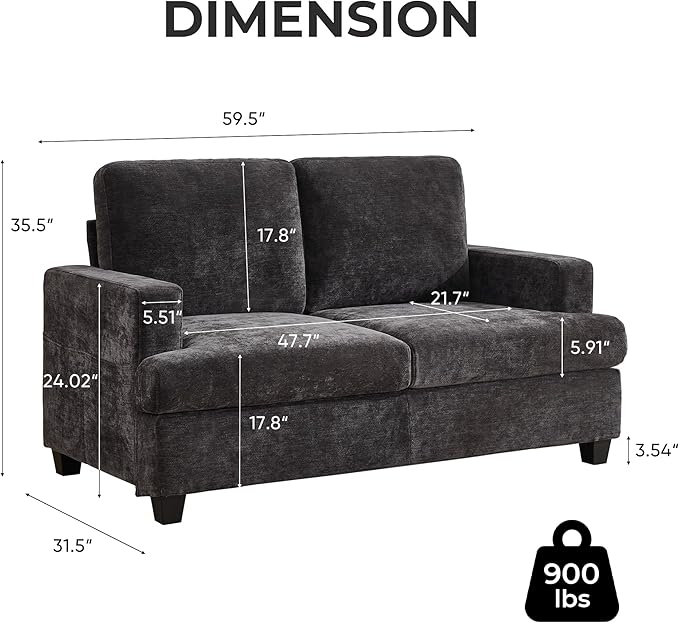 Loveseat Sofa 60 Chenille Couch with Side Pocket Removable Pillow and Cushion Cover 2 seat Couches Comfy Modern Small Couch for Living Room Small Spaces Dorms Office Dark Grey