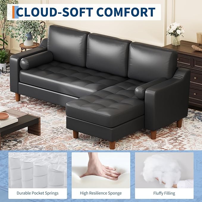 GarveeHome 88.9 L-Shape Couch with Convertible Chaise Sectional Sofa with Deep Seat Modern Mid-Century Leather Sofa for Living Room 3 Seat Comfy Leather Couch Black