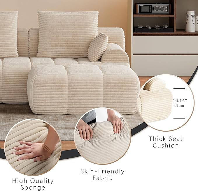 Corduroy L-Shaped Compressed Boneless Sectional Sofa with Ottoman - Retro Soft Upholstered Modular Couch for Living Room &amp Small Apartment Cloud-Like Contouring Seating (Beige)