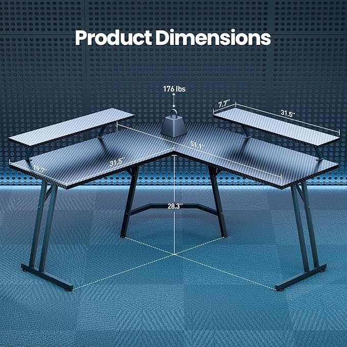 HLDIRECT 51 Inch L Shaped Gaming Desk with Monitor Stand and LED Lights Corner Computer Desk with Carbon Fiber Surface PC Gaming Table for Home Office Writing Workstation Easy to Install Black