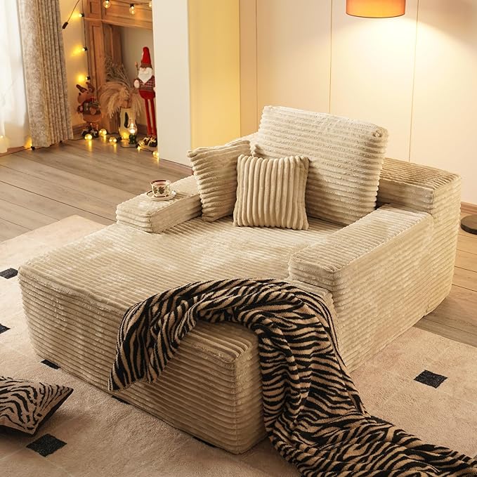 67x48 Oversized Chaise Lounge Chair Indoor Upholstered Sofa Bed with Plush Faux Fur Sleeper Couch Reading Chair Fluffy Cloud Sofa for Living Room Plush Beige