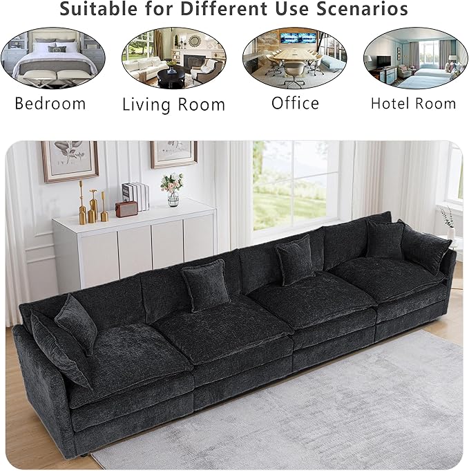 Setawix Chenille Cloud Couches for Living Room4 Seater Cloud Sofa Couch with Deep Seat147.22 Roomy Cloud SofasModular Sectional 4 Seat Sofa with Pillows for Bedroom (Black 4 Seater)