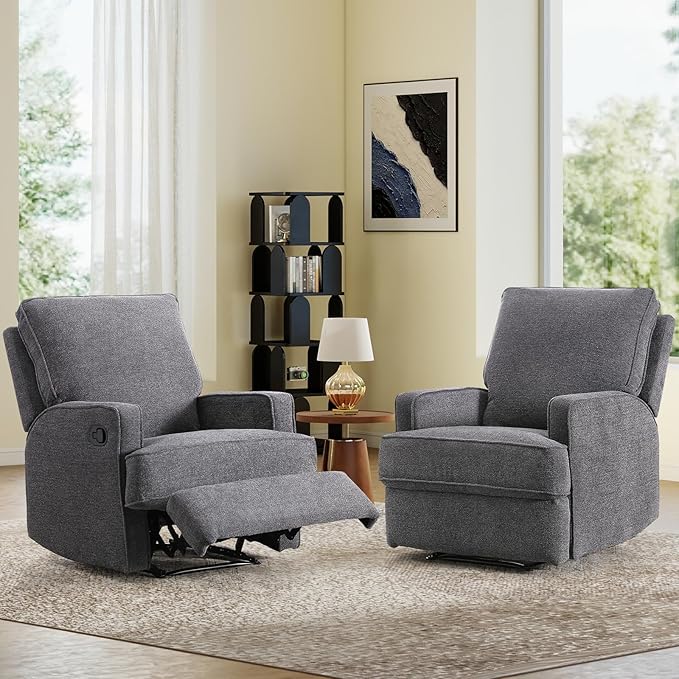 Classic Manual Recliner Chair Set of 2 for Adults Soft Fabric Overstuffed Reclining Sofa Chair with Padded Backrest Heavy Duty Recliners for Living Room BedroomGrey