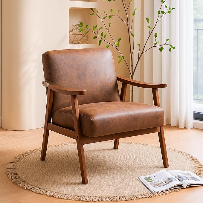 Accent Chair with Microfiber Upholstery and Solid Wood Frame Classic Mid-Century Modern Living Room Furniture for Extra Seating Brown