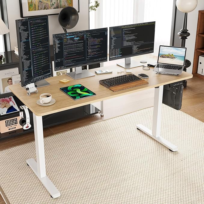 Electric Standing Desk Adjustable Height Stand up Desk Sit Stand Home Office Desk with Splice Board (Natural 56 x 24 inches)