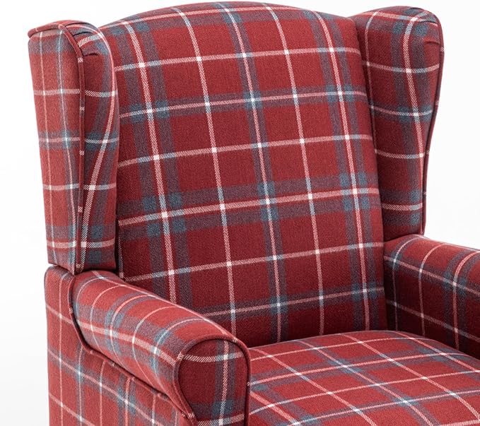 Modern Accent Chair with Retro Wood Legs Comfy Upholstered ArmchairTantan Check Design Single Sofa Chair for Living Room Bedroom Office - Red