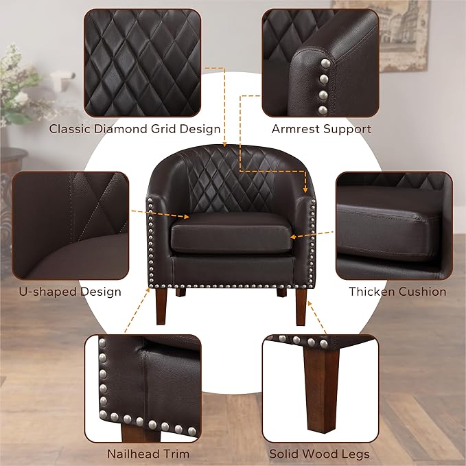Prilinex Comfy Barrel Accent Chair Set of 4 - Faux Leather Living Room Chair Club Chair with Cushion Diamond Grid Backrest &amp Nailhead Trim Guest Chair for Office Bedroom &amp Waiting Room Bro