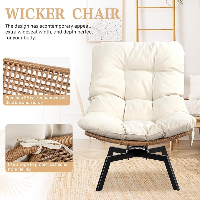 Vongrasig 360 Degree Swivel Wicker Accent Chair Modern Soft Thick Cushion Rattan Lounge Chair High Capacity Steel Frame Comfy Corner Reading Chair for Living Room Bedroom Dorm Rooms (Beige)
