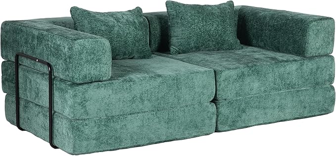 Convertible Floor Sofa Bed 3-Seat Modular Sectional Chenille Fabric No Assembly Required 118 inches Beige (2 Dark Green)