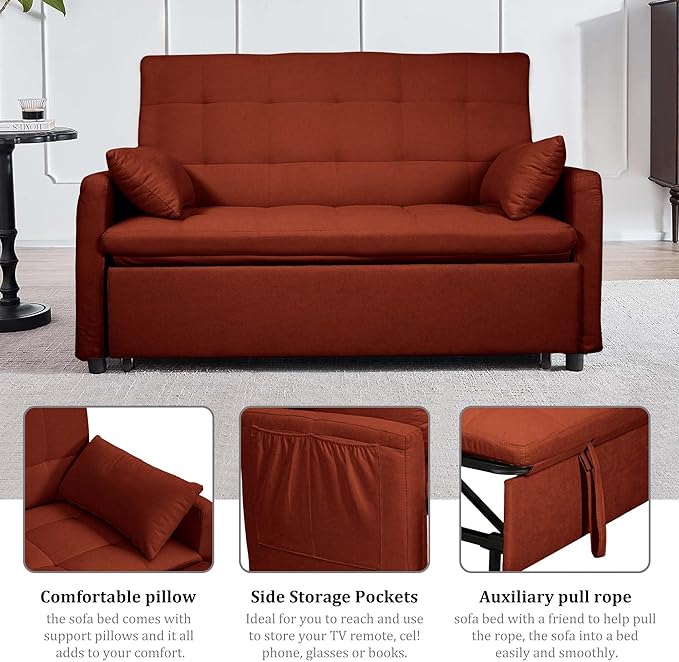 66 Red Sofa Sleeper Loveseat Sofa Bed Queen Size Pull Out Couch with 2 Pillows Pocket &amp Adjustable Backrest Small Couch Bed for Small Spaces Bedroom Apartment Living Room | Convertible Adj