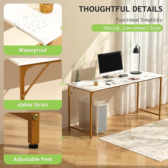 63 Inch Large Computer Gaming Desk Modern Simple Style Office Computer Table for Bedroom Writing Work Study Table with Metal Frame for Home Office Large Legroom Gold