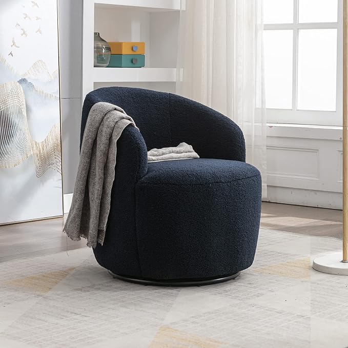 kevinplus Swivel Barrel Chair Accent Armchair for Living Room Bedroom 360 Degree Modern Round Upholstered Single Sofa Couch Chair Cozy Small Swivel Chair for Apartment Teddy Fabric Dark Blue