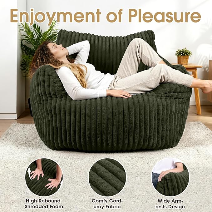 Giant Bean Bag Chair with Ottoman Oversized Plush Comfy Bean Bag Sofa for Adults and Kids Memory Foam Mini Couch Single Lounges for Living Room Bedroom &amp Game Room(Green)