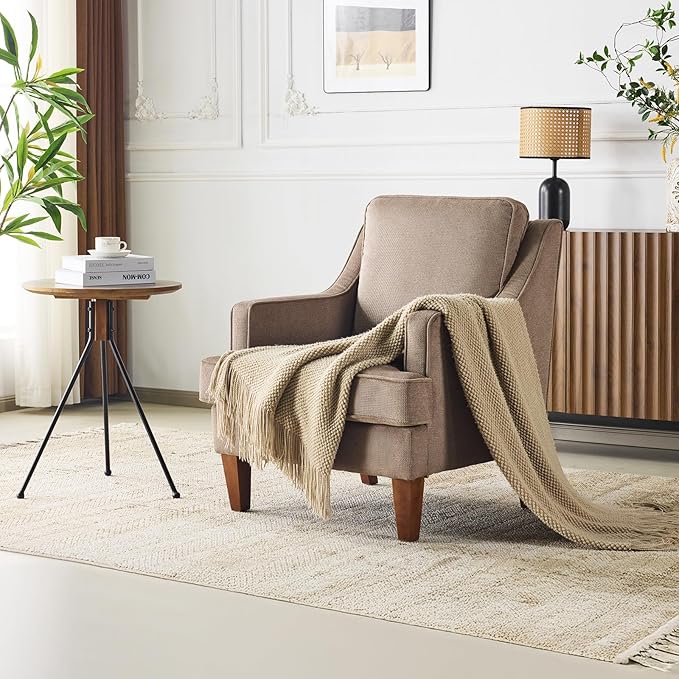 VINGLI Mid-Century Accent Chairs Set of 2 Light Brown Upholstered Armchair Comfy Sofa Chairs Reading Chair High Back Living Room Bedroom Furniture for Apartment