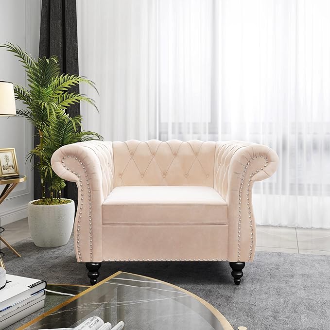 RARZOE Contemporary Velvet Chesterfield Chairs Chesterfield Velvet Club Chair Chesterfield Button Tufted Velvet Scrolled Arms Accent Chair with Nailhead Trim for Living Room Bedroom Office(Beige)
