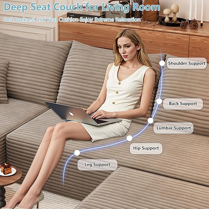 107 U Shaped Cloud Sectional Couch with Fluffy Corduroy Deep Memory Foam Seats Sofa with 1 Ottoman for Living Room No Assembly Required(CamelLeft-Facing Chaise)