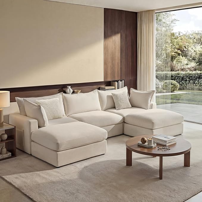 118.5 U Shaped Down Filled Couch Chenille Modular Sectional Sofa with 2 Storage Ottoman 3 Seater Sectional Couch with Deep Seat Mordern Sectional Couches for Living Room Beige