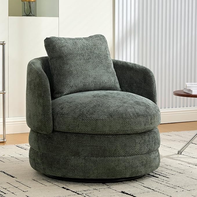30 W Modern Round Swivel Accent Barrel Chair No Assembly Comfy Chenille Upholstered Cozy Armchair for Bedroom Living Room Hotel Club Reading Room (Green 1-Pack)