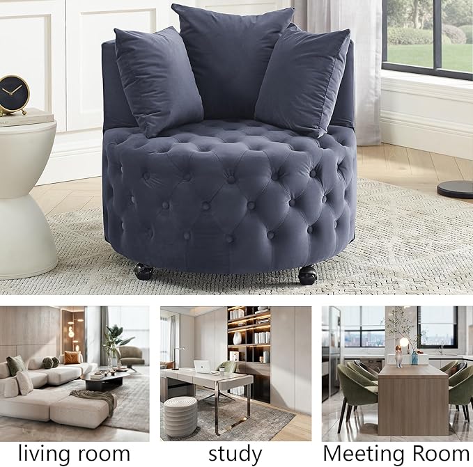 LLS Swivel Barrel Chair Velvet Accent Barrel Chair with 3 Pillows and 4 Wheels 360 Degree Sofa Chair Modern Button Tufted Upholstered Accent Chair for Living Room Bedroom Gray