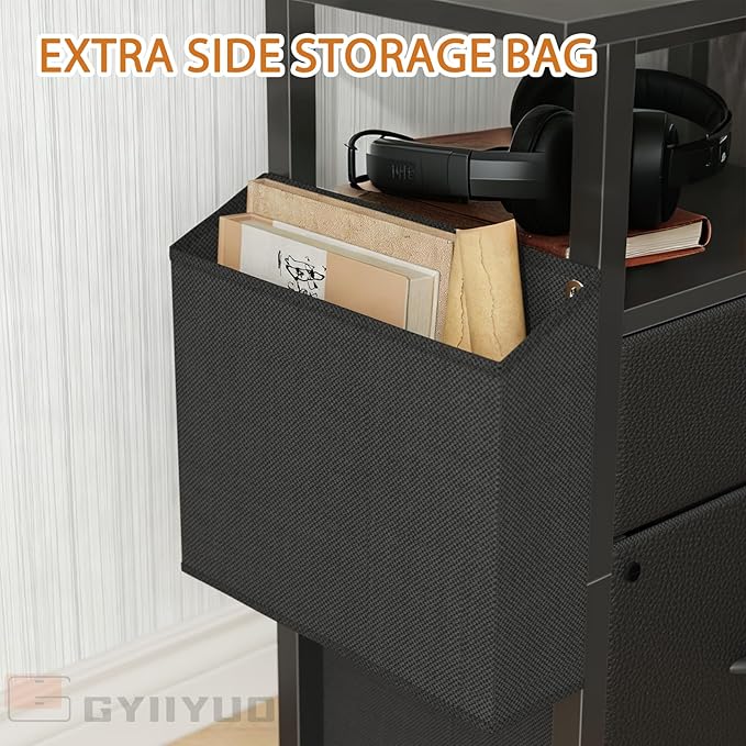 GYIIYUO 2 Drawer File Cabinet with 24'' Extended Desktop Mobile Filing Cabinet Rolling File Cabinet with Side Bag Fabric Drawer Fits A4/Letter Size Printer Stand Home Office Black