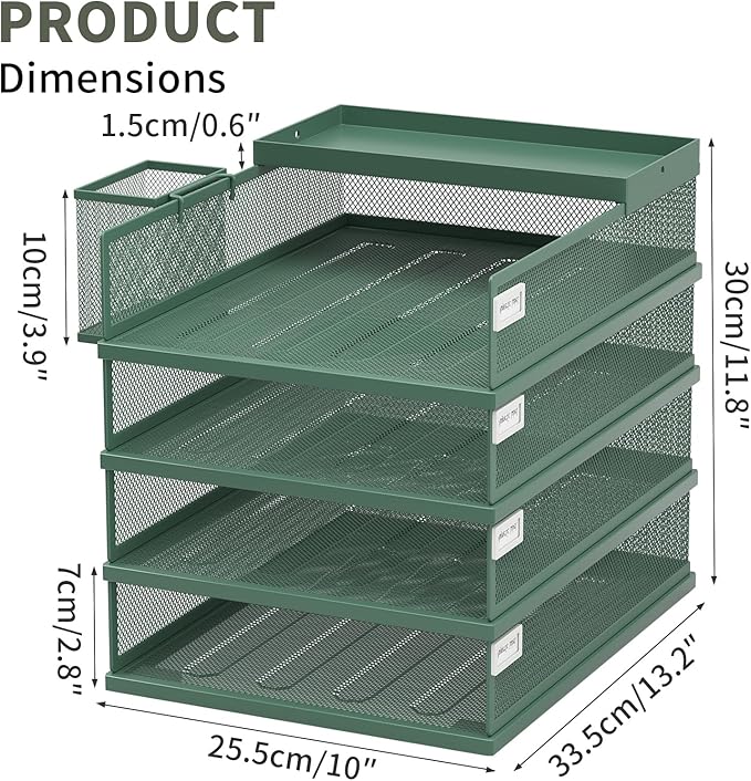 Stackable Letter Trays 4 Tier Metal Paper Tray &amp Desk Organizer Stackable File Trays for Office &amp Home Multi-Functional Document Tray with Fine Grid Design &amp Magnetic LabelsGreen