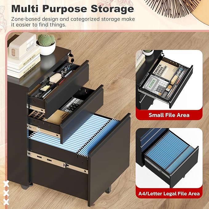Superday Black File Cabinet 3 Drawer Fully Assemble Metal Rolling Vertical Filing Cabinet with Wheels Small Under Desk File Cabinets for Home Office