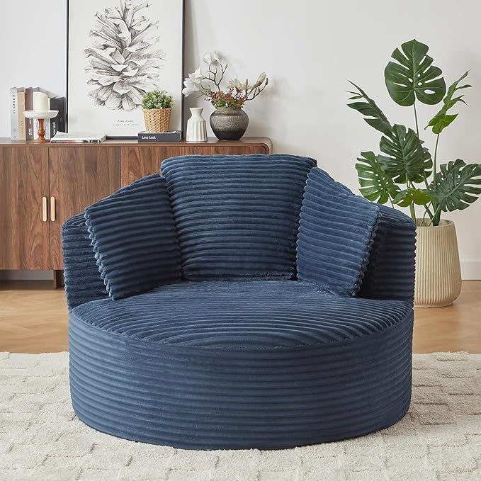 Round Chair Lounge Chaise Indoor 48.8 Oversized Sofa Chair Upholstered Corduroy Deep Seat Sleeper Sofa Bed No Assembly Required for Living Room Bedroom Apartment Blue
