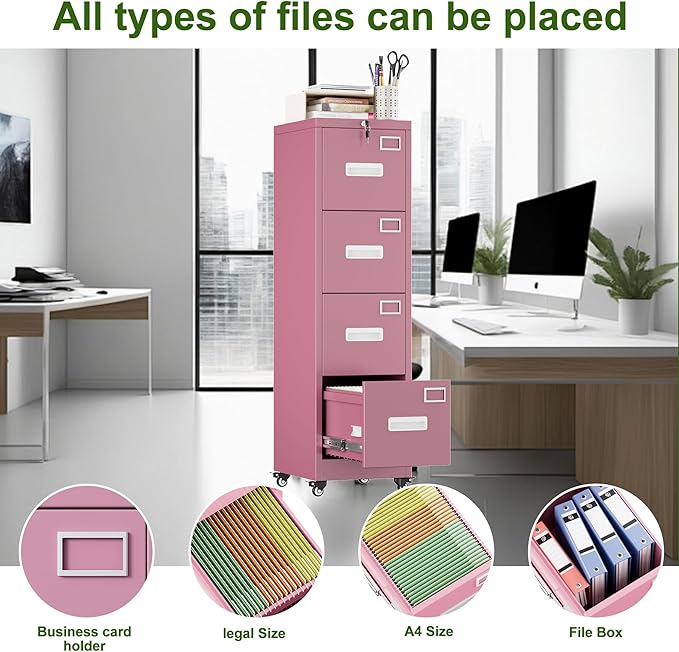 Aobabo 4 Drawer File Cabinet with Wheels Lockable Office Metal Filing Cabinet with Name Card for Office and HomeAssembly RequiredPink