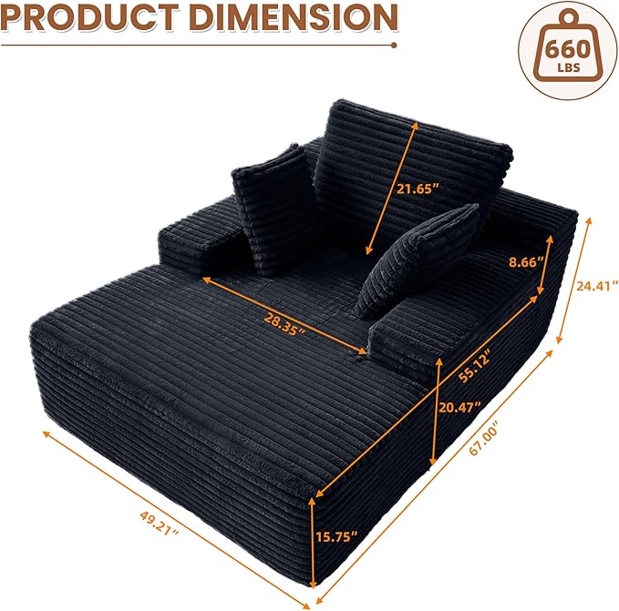67 Square Chaise Lounge Single Floor SofaOversized Upholstered Boneless Corduroy Couch Deep Seat Sleeper Sofa Bed No Assembly Required Couches for ApartmentBlack