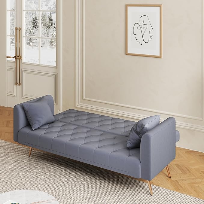 71 Futon Sofa Bed VelvetConvertible Sleeper Sofa CouchModern Folding Futonwith 3 Adjustable Backrests and 2 Pillowsfor Small Living Room Bedroom Office (Grey)