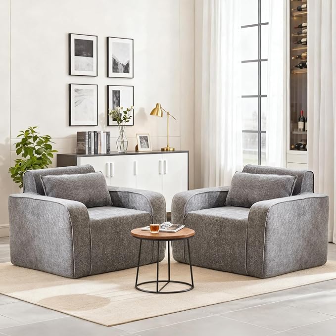 Accent Chair Set of 2 42'' Wide Oversized Boneless Sofa Chenille Mid Century Modern Armchair for Living Room Bedroom Comfy Accent Chair Single Sofa Gray