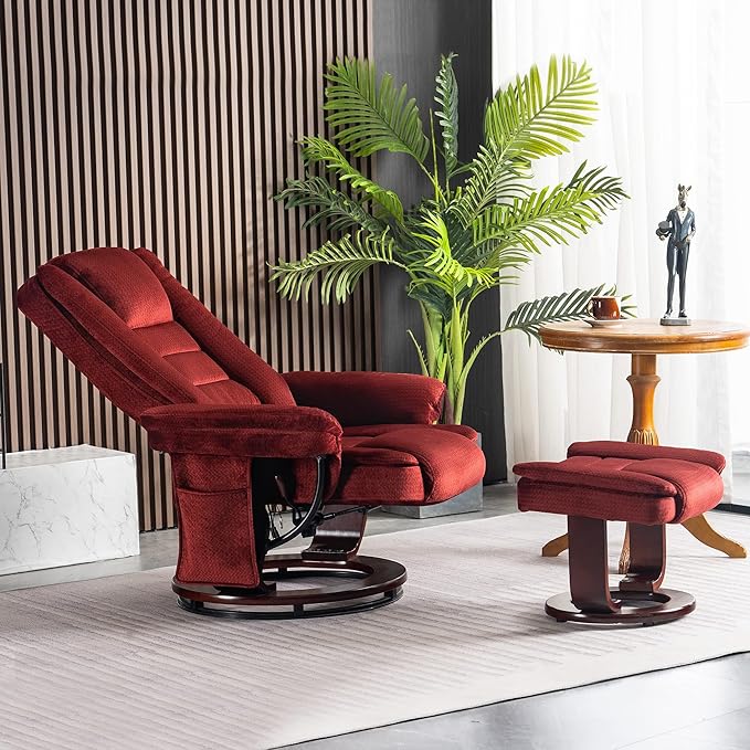MCombo Swivel Recliner with Ottoman Chair TV Chair Sets with Vibration Massage for Small Space Living Room Bedroom 9096 9099 (Textile Burgundy)