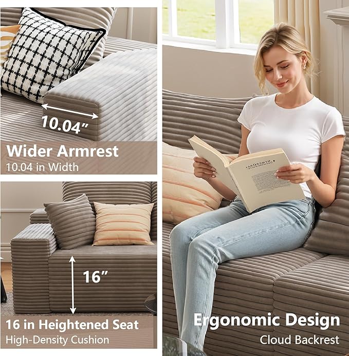95 Cloud Sectional Couch with L-Shape Chaise Modern Corduroy Boneless Deep Seat Sofa 3-Seater Modular Sleeper Couch for Living Room Bedroom Apartment No Assembly (Camel Left-Facing Chaise)