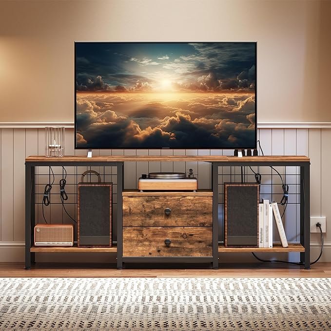 TV Stand with Power Outlet Up to 60 Inch Entertainment Center with 2 Fabric Drawers TV Console Table with Open Storage Shelves for TVs Cable Management for Living Room Bedroom DS14UBRY1