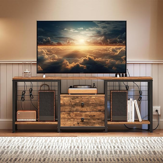 TV Stand with Power Outlet Up to 60 Inch Entertainment Center with 2 Fabric Drawers TV Console Table with Open Storage Shelves for TVs Cable Management for Living Room Bedroom DS14UBRY1