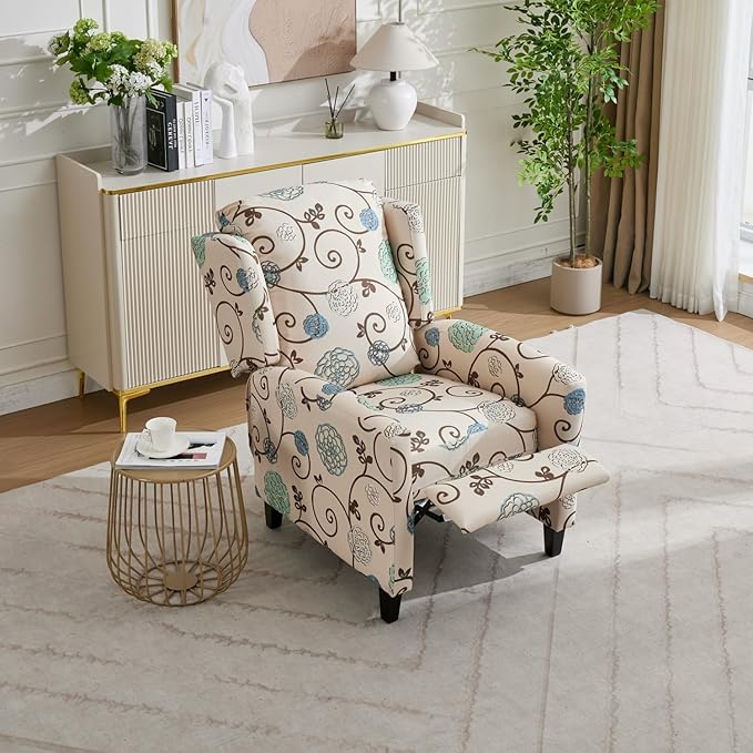 Push Back Recliner Chair with High Back Blue Floral Print Fabric Upholstery Classic Wing Back Design 250 LBS Capacity (Beige)