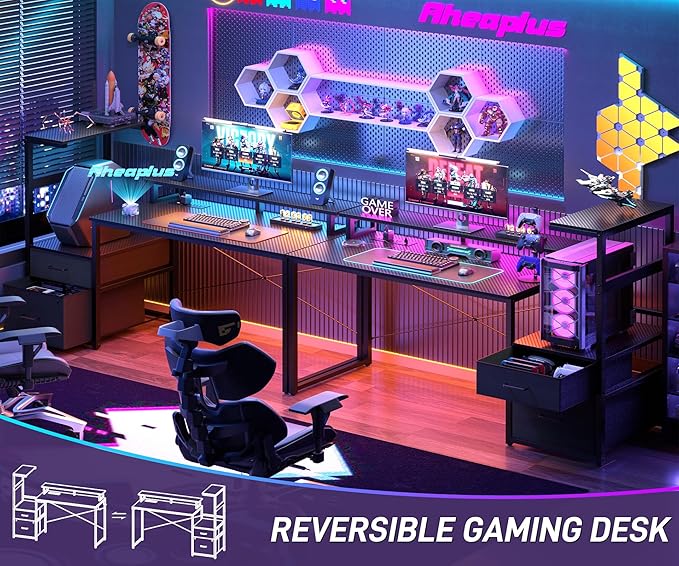 Aheaplus Gaming Desk with LED Strip &amp Power Outlet 59Inch Reversible Computer Desk with Monitor Stand &amp Storage Shelves Home Office Desks with Fabric File Drawer PC Gamer Table Carbon Fibe
