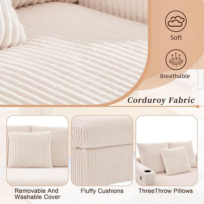 KEIKI 50 W Corduroy Oversized Recliner Single Sofa Longue with Deep Seat3 PillowsUSB ChargingCup Holder and Side Pocket