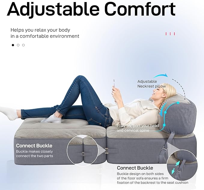 Daneey Convertible Folding Sofa Bed Folding Chair Bed Convertible Chair Bed Sleeper and Fold Out Couch Foam Floor Sofa Couch Bed Futon Sofa Bed for Bedroom/Living Room/Dorm Gray
