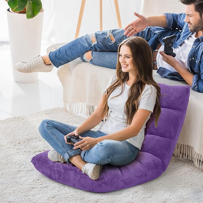 Moccha 14-Position Floor Chair Folding Sofa Chair with Back Support Memory Foam Floor Gaming Chairs for Adults Adjustable Padded Couch Recliner Sleeper Bed for Reading Meditating Purple